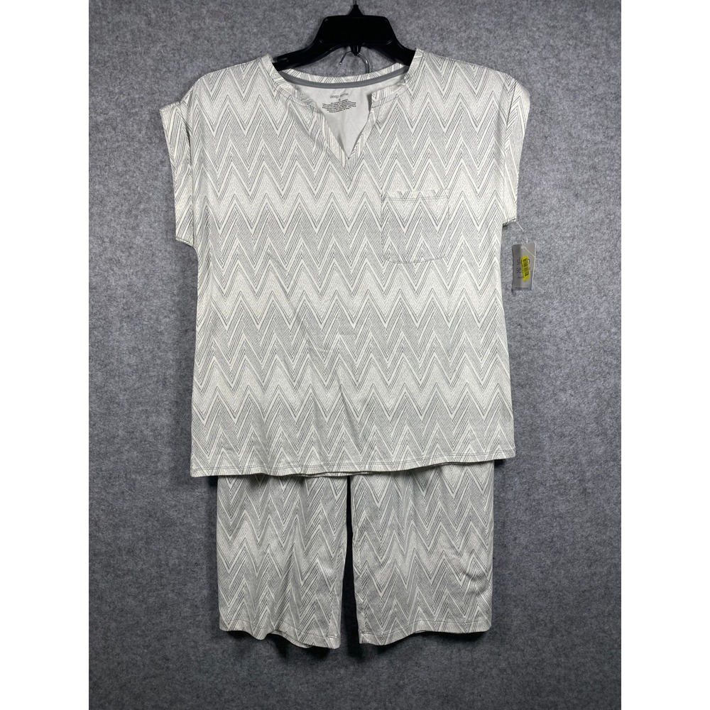 Sleep Sense Womens Pajama Set Small Grey White Chevron Top Cropped Pants NWT